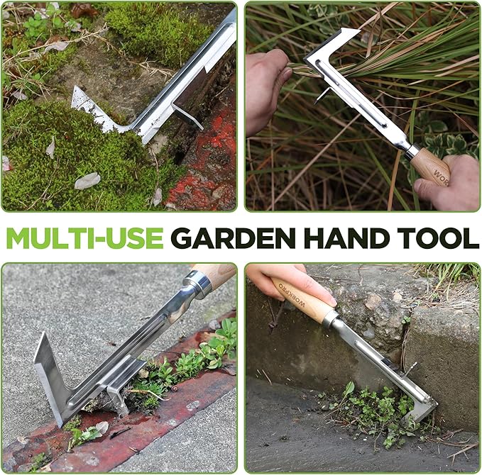 WORKPRO Crack Weeder, 12" Stainless Steel Crevice Weeding Tool with Beech Wood Handle, L-Shaped Side-Walk Weed Puller Spatula, for Garden Lawn Yard Patio Terrace Paving Moss, Small Gardening Tool