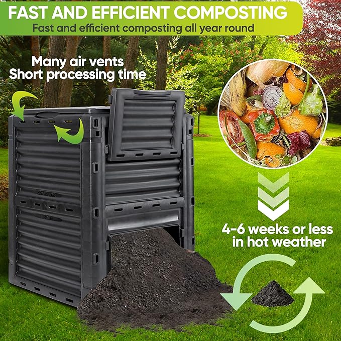 JupiterForce Garden Compost Bin 80 Gallon (300 L) from BPA Free Material, Large Composting Bin Outdoor Composter with Gloves, Easy Assembling, Fast Creation of Fertile Soil, Lightweight, Black