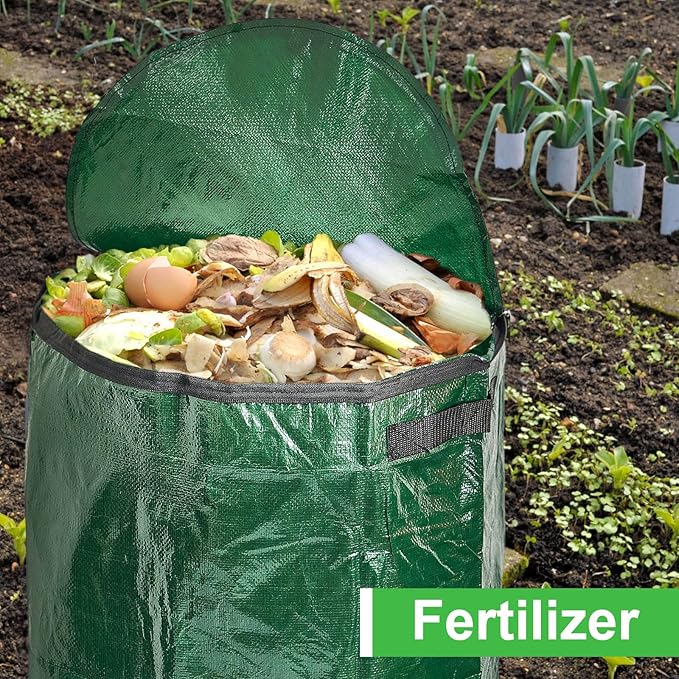 Ctosree 4 Pieces Compost Bin Bags Large 34 Gallon Reusable Yard Waste Lawn Bags Heavy Duty Garden Composting Garbage Can Outdoor Container with Zipper Lid and Handles for Loading Leaf Trash