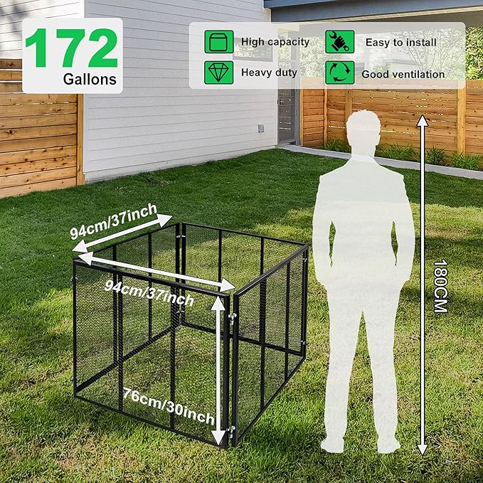 Large Compost Bin Outdoor,172 Gallon Metal Wire Mesh Compost Bins+Lid, Rust-Resistant Coating, Easy-to-Assemble Square Garden Compost Bin for Yard Waste, Fallen Leaves, Kitchen Scraps, 37x37x30 inches