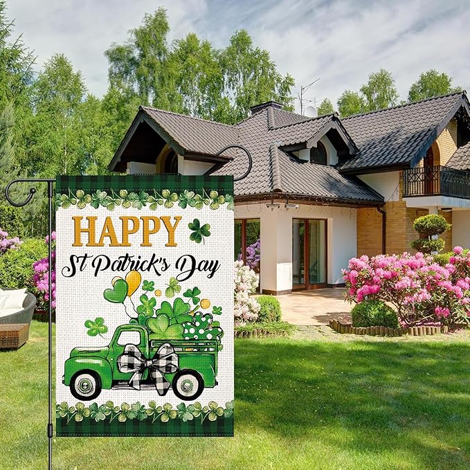 Doncida St Patricks Day Shamrocks Truck Garden Flag 12x18 Inch Double Sided, Burlap Lawn Buffalo Plaid Yard Flag for Outside Decoration