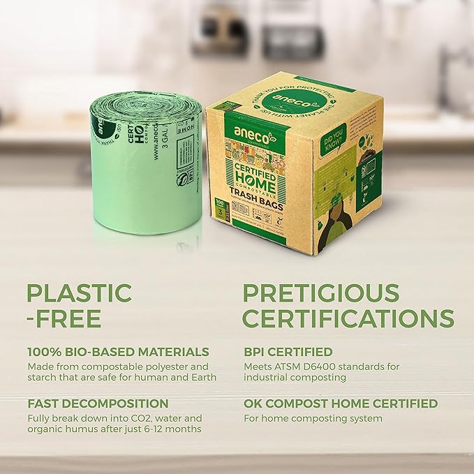 ANECO 100% Compostable Food Waste Bags 3 Gallon, 100 Count, Extra Thick Compost Bags for Countertop Bin, Small Compost Bag, Food Waste Bags with TUV OK Compost Home and BPI certified