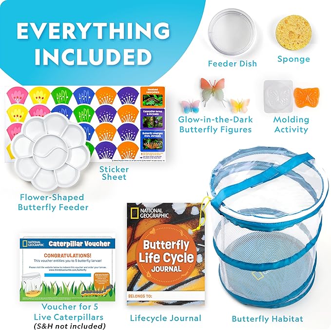 National Geographic Ultimate Butterfly Growing Kit – Butterfly Habitat Kit with Voucher to Redeem 5 Caterpillars (S&H Not Included), Glow-in-The-Dark Figures, Hands-On Activity, Easter Gifts for Kids