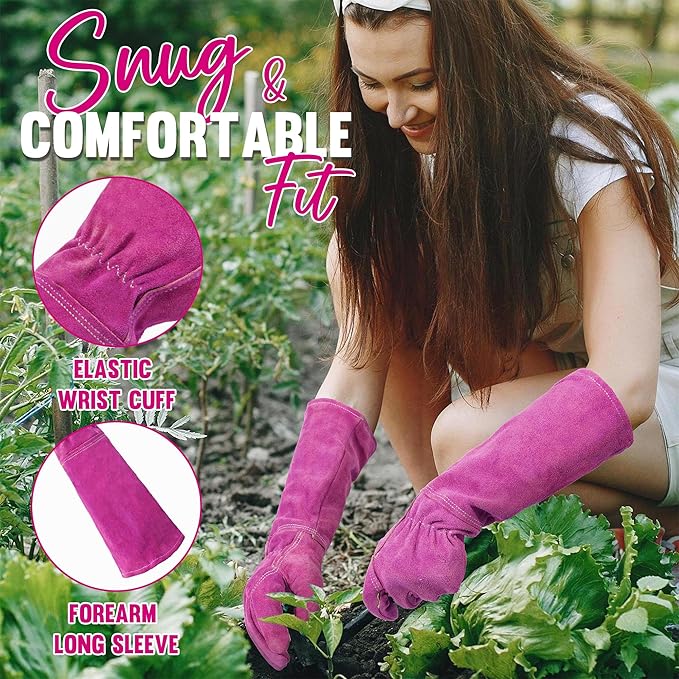 HANDLANDY Ladies Leather Gardening Gloves, Thorn Proof Women Rose Pruning Garden Yard Glove, Heavy Duty Long Sleeve Gloves (Small, Rosy)