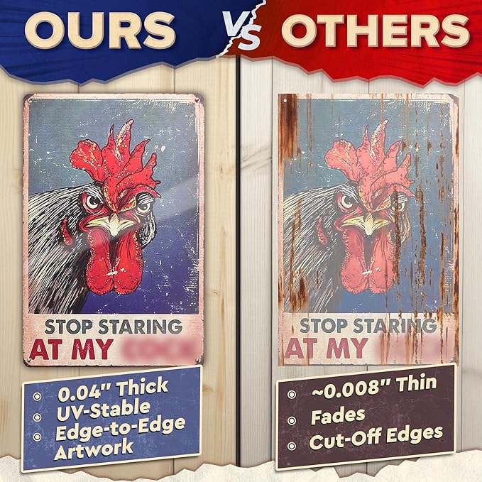 Chicken Coop Signs 8 x 12 Inches – Dont Staring at My Funny Signs, Rooster Decor – Lightweight Durable Tin Metal Wall Decor for Bathroom, Fade-Resistant, Easy to Install, Indoor/Outdoor Use | Decorative and Practical Gift