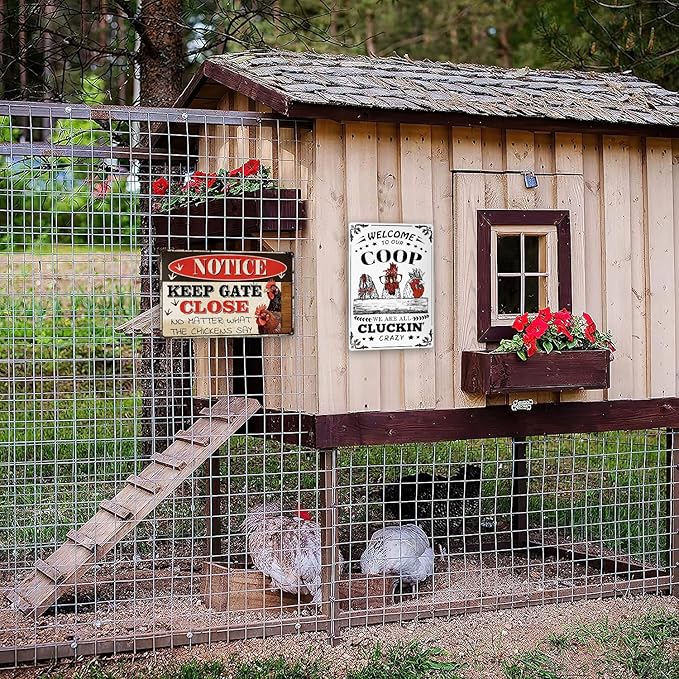 Chicken Signs 2 Pack-Metal Chicken Signs for Coop Funny Outdoor,Chicken Sign Decor for Farm Yard Fence 12x8inch