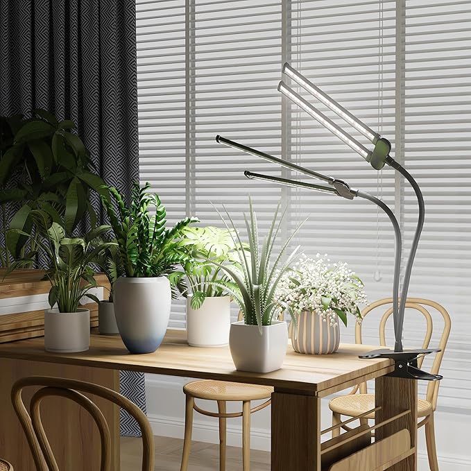 Juhefa LED Grow Light,Super Bright 6000K White Full Spectrum Clip Plant Growing Lamp with Rotatable Dual Head for Indoor Desk Plants,Dimmable & Timer 4/8/12H,High Power Output for Faster Growth,2-Head