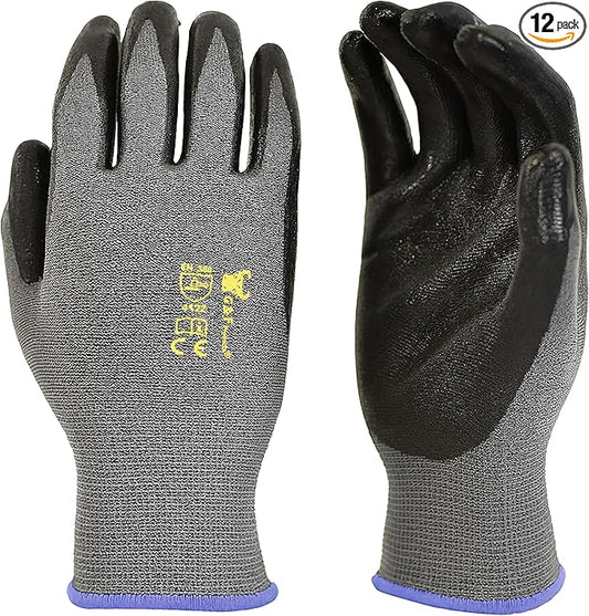 G & F Products 12 PAIRS Mens Working Gloves with Micro Foam Coating - Garden Gloves Texture Grip - men’s Work Glove For general purpose, construction, yardwork, Large (1519L-12),Grey/Black