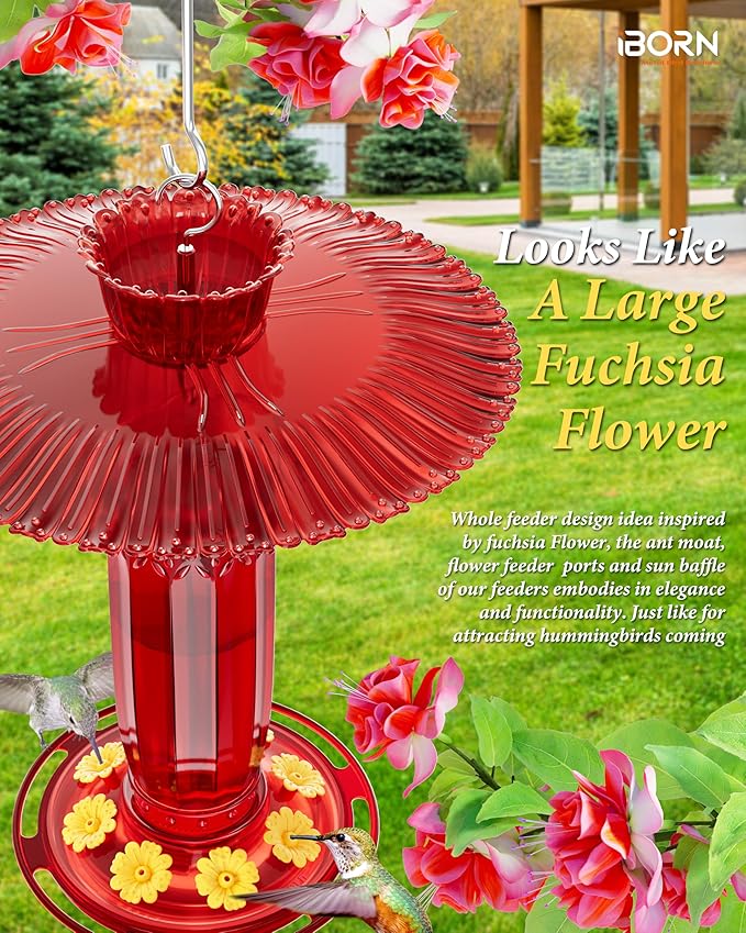 iBorn Hummingbird Feeders for Outdoors Hanging w/Sun Baffle,Ant Proof Moat for Hummingbird Feeder Glass, 8 Ports 16oz Humming Bird Nectar,Red Glass, Red Base,Pack of 1,2025 New