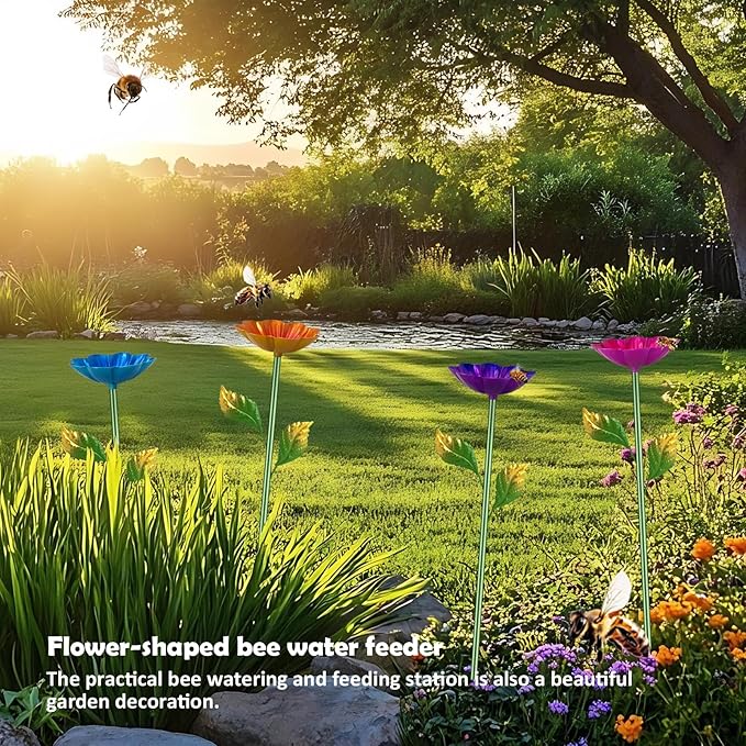 Bee Watering Station,2 Pack Butterfly Drinking Station with Flower Design for Garden,Colorful Metal Flying Insects Feeder Baths for Garden Yard Decor (Red,Purple)