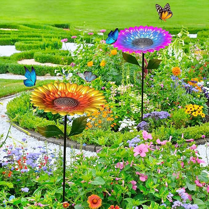 Yellow Standing Bee & Butterfly Watering Station - Outdoor Bee Feeder with Glass Marbles, Metal Stakes | Bee Bath, Butterfly Puddler for Garden Yard Decor
