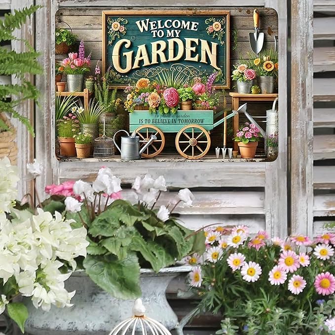 Gardening Gifts Welcome to My Garden Tin Sign-Funny Garden Signs for Plant Lovers,Perfect Gifts for Plant Mothers Grandmas and Housewarming 8x12in