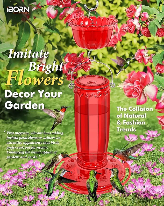 iBorn Hummingbird Feeders for Outdoors Hanging with Ant Moat for Hummingbird Feeder Glass 12 Ports for 16oz Hummingbird Nectar, Red Glass, Pack of 2