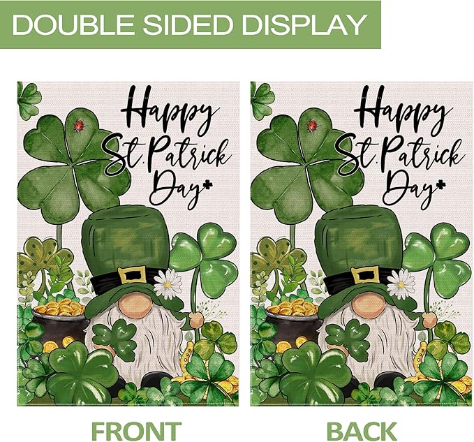 St Patricks Day Garden Flag 12x18 Inch Double Sided Outside, Shamrocks Clovers Gnome with Coin Pot Flag Burlap Happy St Patricks Day Decorations Outdoor Yard Decor