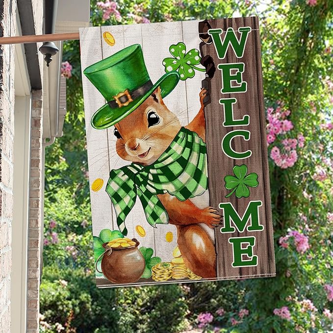 St Patricks Day Flag 28x40 Inch Double Sided Outside, The Squirrel Lucky Shamrock Burlap Flags Decorations, Green Hat with Clovers Gold Coin Pot Outdoor Decor