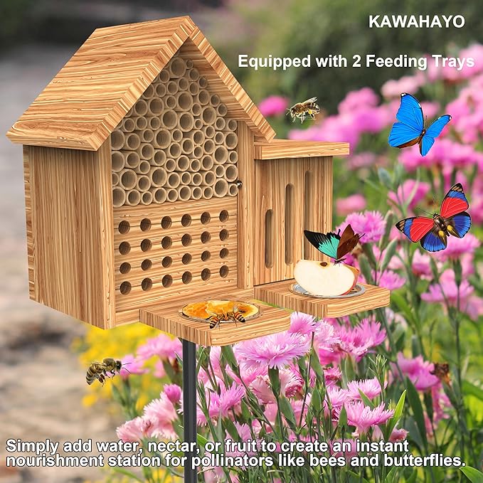Mason Bee House Wooden Butterfly House with Feeders and Metal Stake, Insect Hotel for Garden Backyard, Natural Handmade Waterproof Bugs House, Attracts Bee, Butterfly, Ladybirds Pollinators