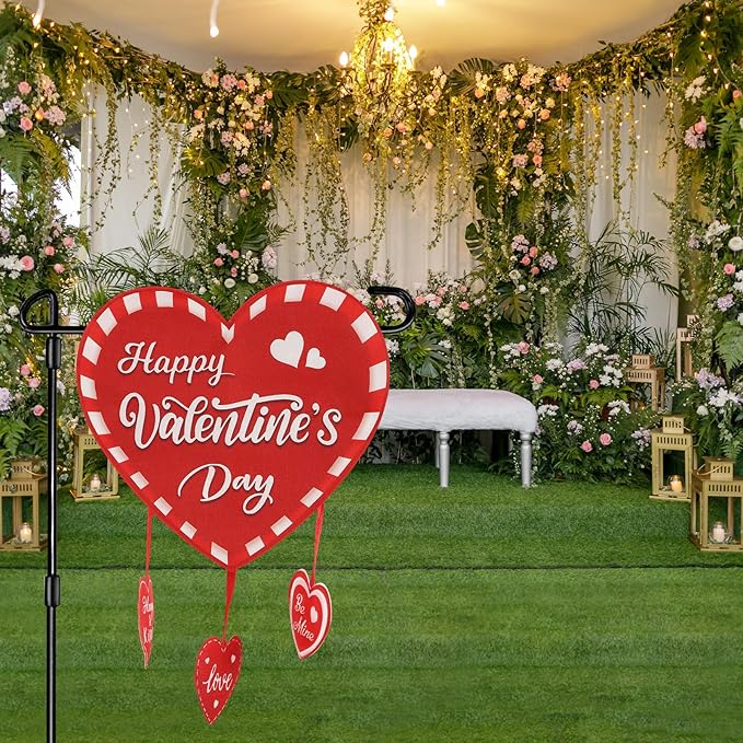 Valentine Garden Flag Banner Outdoor Decorations for Outside Double-Sided Printed, Pink Red White Heart Valentine's Day Yard Flags House Yard Spring Seasonal Decoration 16 x 39.5 Inch Striped Plaid