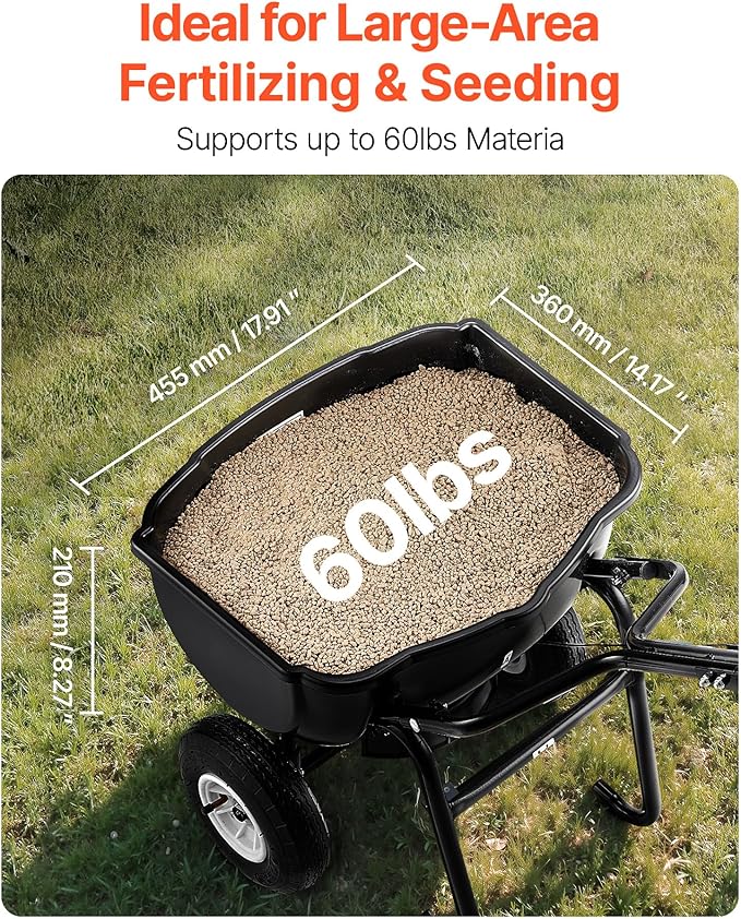 VEVOR Walk Behind Spreader, 60LBS Capacity, Push Spreader with Hopper Grate, 0-9.8 ft Spreading Width, 8 in All Terrain Pneumatic Tires, Garden & Lawn Broadcast Spreaders, for Seed, Fertilizer