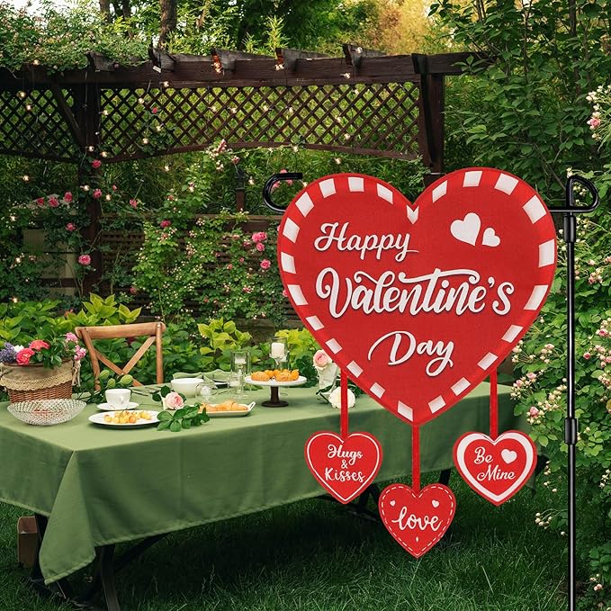 Valentine Garden Flag Banner Outdoor Decorations for Outside Double-Sided Printed, Pink Red White Heart Valentine's Day Yard Flags House Yard Spring Seasonal Decoration 16 x 39.5 Inch Striped Plaid