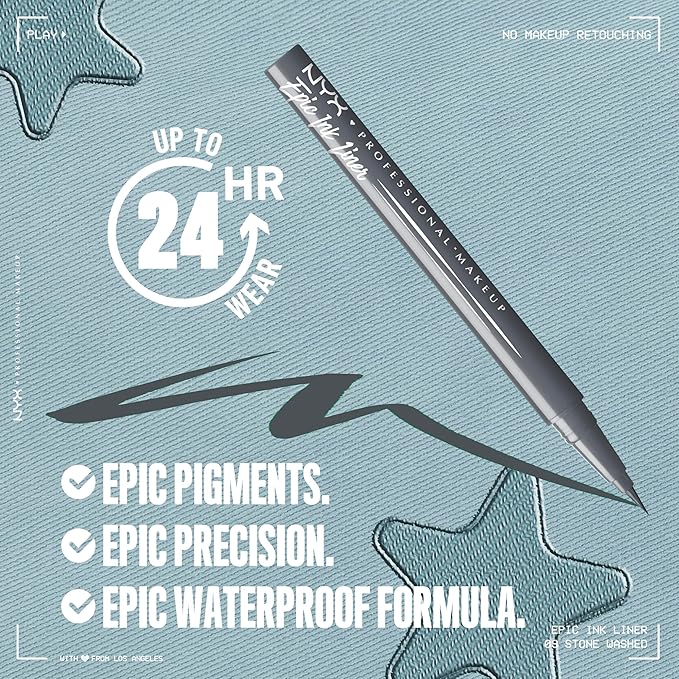 NYX PROFESSIONAL MAKEUP Epic Ink Liner, Waterproof Matte Liquid Eyeliner with Vegan Formula - Stone Washed (Grey)