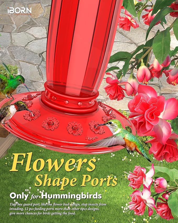 iBorn Hummingbird Feeders for Outdoors Hanging with Ant Moat for Hummingbird Feeder Glass 12 Ports for 16oz Hummingbird Nectar, Red Glass, Pack of 2
