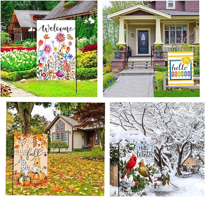 Doncida Seasonal Garden Flag Set of 12 Double Sided 12x18 Inch, Holiday Valentines Day St Patricks Day Garden Flag for Outside, Small Yard Flags for the Entire Year, with Free Anti-Wind Clip and Stopper