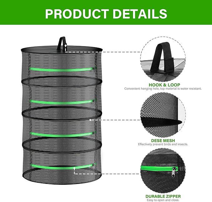 iPower Herb Drying Rack Zippered 4 Layer 24" Hanging Dryer with Garden Pruning Shear and Hook for Hydroponics Herb, Plant, Seed, Bud in Closets, Grow Tents & Outdoor