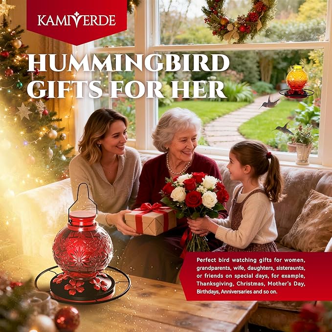 Glass Hummingbird Feeder for Outdoors, 25Oz Large Decorative Hanging Hummingbird Feeder, Leak Proof Durable Wild Bird Feeders, Hummingbird Gifts for Women & Mom, Garden Decor Window Feeder, Red