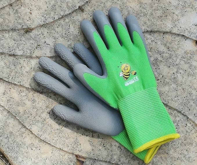 Ages 5-7 Kids Gardening Gloves,Yard Work Gloves for Toddlers, Youth, Girls, Boys, Childrens, Soft Safety Rubber Gloves (XXS Age 5-7, 1 Pair Green Bee)