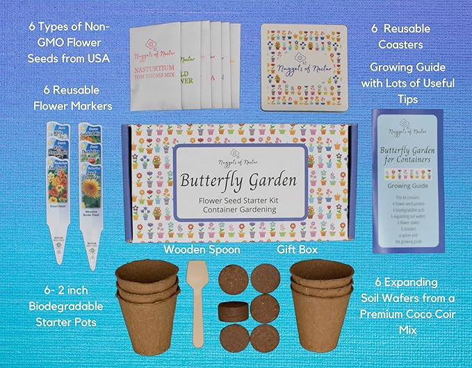 Butterfly Garden Flower Seed Starter Kit- Grow 6 Types of Wildflower Seeds Sized for Flower Pots- Nasturtium, Zinnia, Cosmos, Dwarf Sunflower, Baby Snapdragon and Candytuft