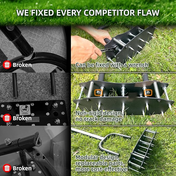 Lawn Aerator Tool for Clay Soil - Kick to Unclog & Bolt-On Base Never Breaks - 11 Heavy-Duty 3.5” Spikes for Deeper Penetration - Pre-Assembled 12.2x6” Plate