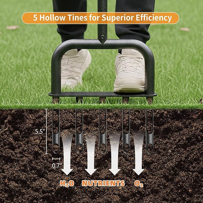 Manual Core Lawn Aerator Tool - Yard Lawn Grass Aerators with 5 Hollow Tine, Garden Soil Loosener Tools for Improved Lawn Health