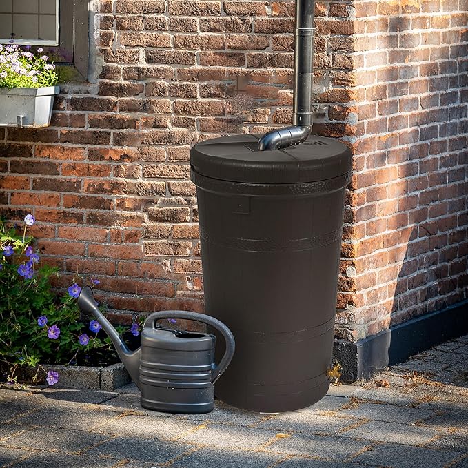 Good Ideas Aspen 50 Gallon Capacity Rain Barrel Water Storage Collector Saver with Brass Spigot and Removable Lid, Oak Brown (2 Pack)