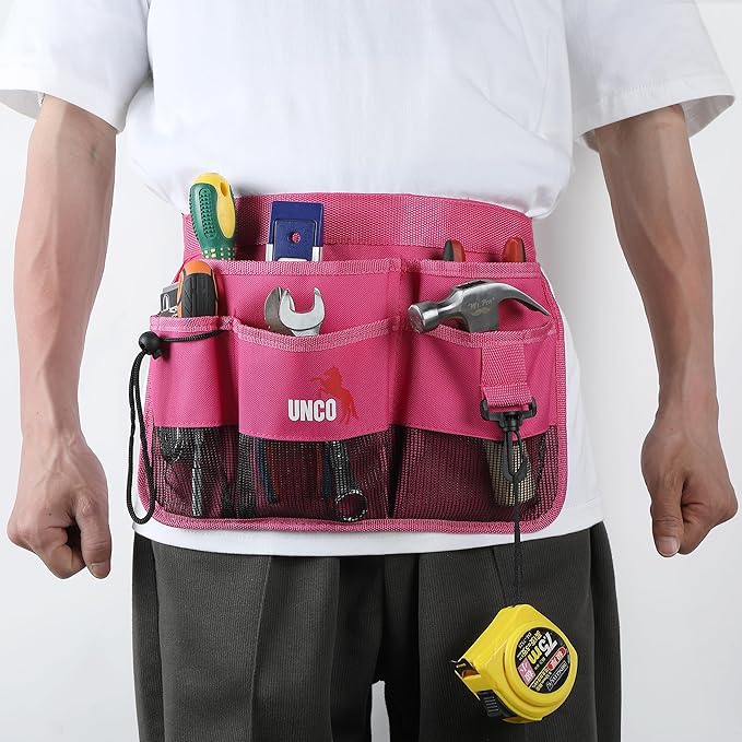 UNCO- Adjustable Gardening Belt, Pink, 7 Pockets, Wear, Cut and Water Resistant, Garden Tool Belt Pouch, Waist Apron with Pockets
