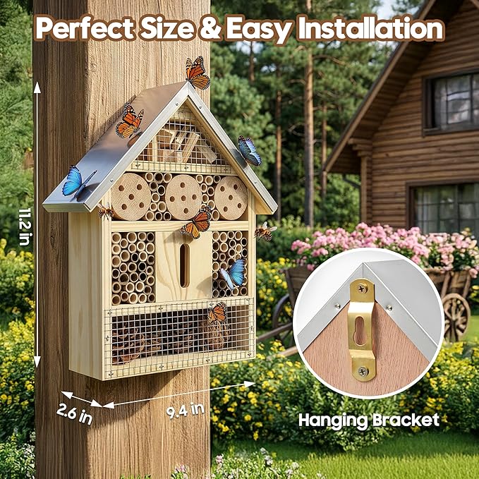 UUMENHA Insect Hotel & Mason Bee House - Butterfly House,Multi-Functional Bee Hotel for Garden, Attract Pollinators,Durable Natural Wood Design,4.13×2.56×10.63 inches
