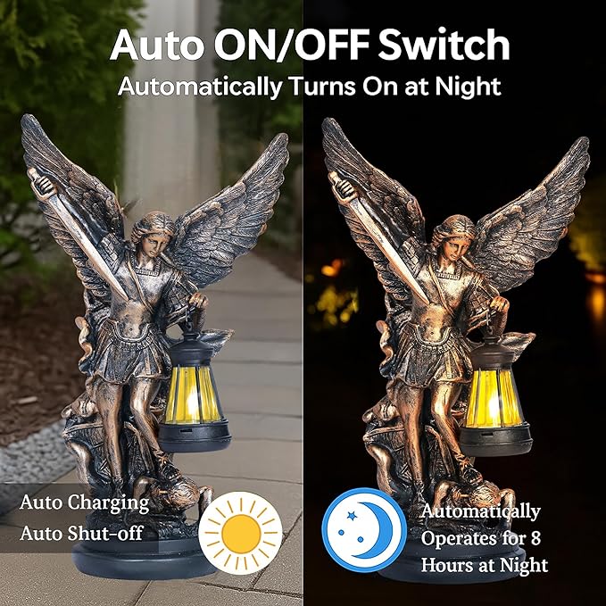 St Michael The Archangel Solar Outdoor Garden Decor Statues–12 in Miguel Arcangel Statue Solar Outdoor Sculptures for Outside Yard Patio Balcony Front Lawn Decor