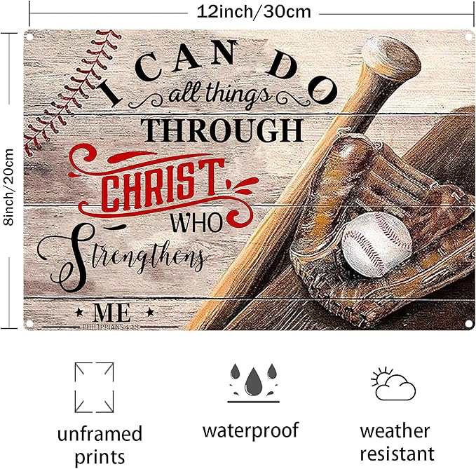 Funny Baseball Metal Poster for Boys Bedroom-I Can Do All Things Through Christ Who Strengthens Me Baseball Signs,Baseball Room Decor,Baseball Tin Sign Gifts Baseball Wall Art Decorations 8x12 Inch