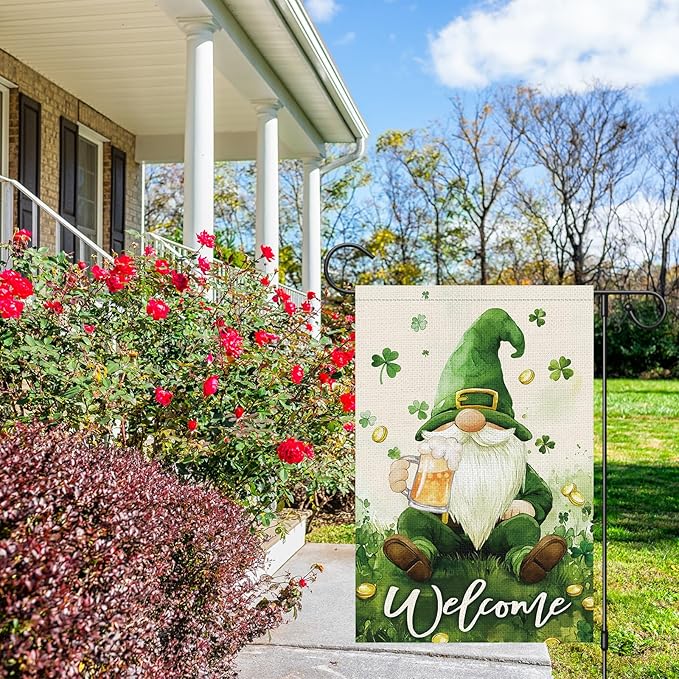 St Patricks Day Gnome Garden Flag 12×18 Inch Double Sided Lucky Shamrock Small Burlap Welcome Green Clover Holiday Outside Yard Flag