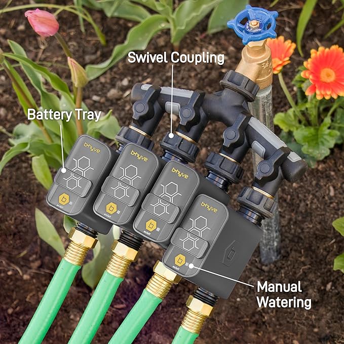 Orbit 21207 B-hyve Gen 2 Smart Hose Watering Timer, 4-Pack with Wi-Fi Hub and Hose Y Splitter