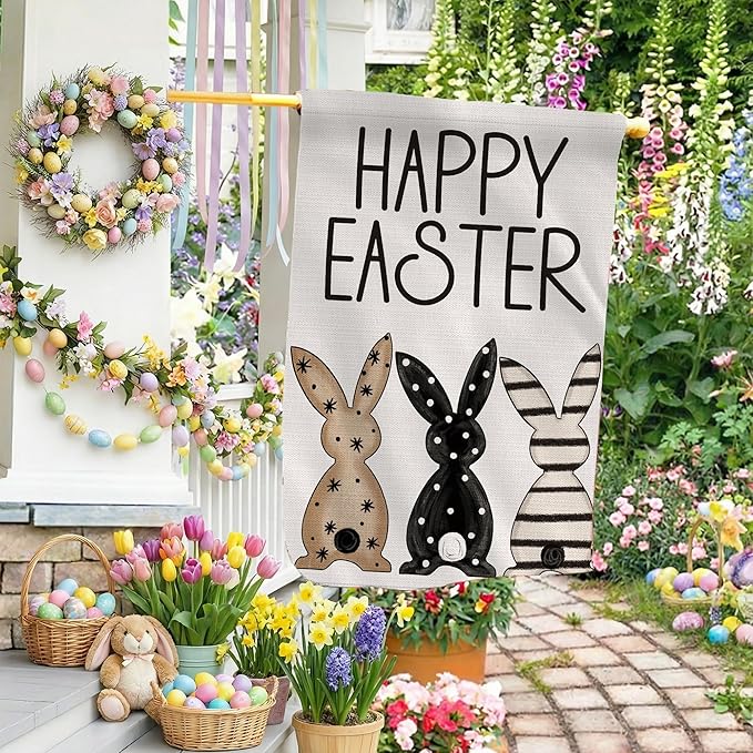 Easter Flag 28x40 Inch Double Sided Outside, Black Bunnies Flag Burlap Happy Easter Welcome Yard Decorations Outdoor