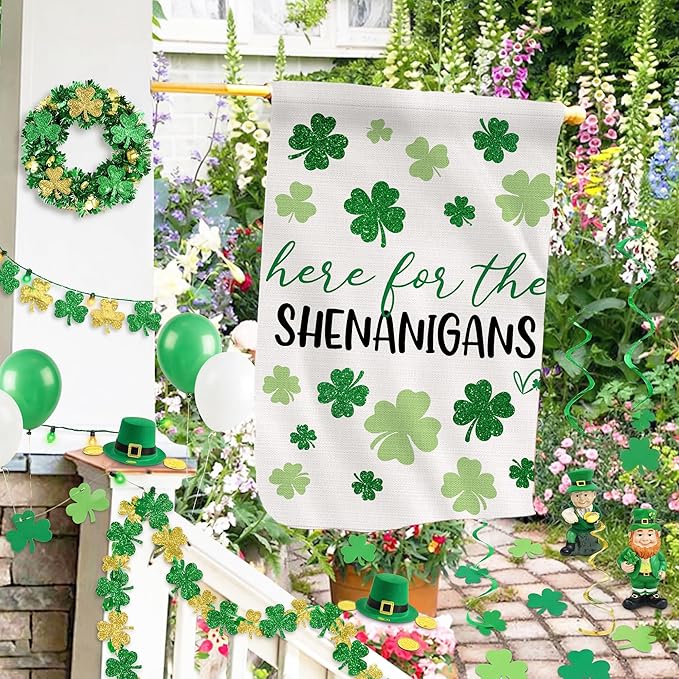 St Patricks Day Flag 28x40 Inch Double Sided Outside, Here For The Shenanigans Shamrocks Clovers Burlap Flag Decorations Outdoor Yard Decor