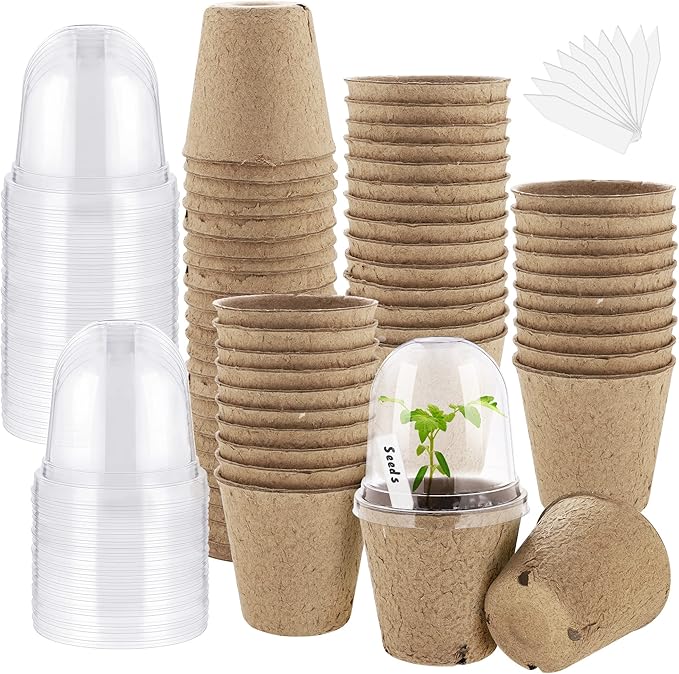 60 Set Plant Seeding Pots with Humidity Dome, 3 Inch Brown Biodegradable Seed Starter Pots, Plant Nursery Pots with Plant Labels for Seedlings, Garden Vegetable Germination