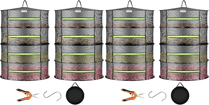 VIVOSUN 4-Pack 4-Layer Mesh Drying Rack Hanging Design with Green Zippers for Dehydrating, Indoor and Outdoor (Pruning Shears Included)
