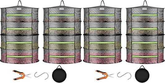VIVOSUN 4-Pack 4-Layer Mesh Drying Rack Hanging Design with Green Zippers for Dehydrating, Indoor and Outdoor (Pruning Shears Included)