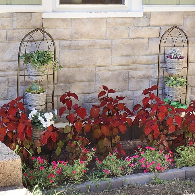 Sunnydaze Steel 2-Piece Arched Garden Trellis for Climbing Plants with 3 Folding Flowerpot Supports - 48"