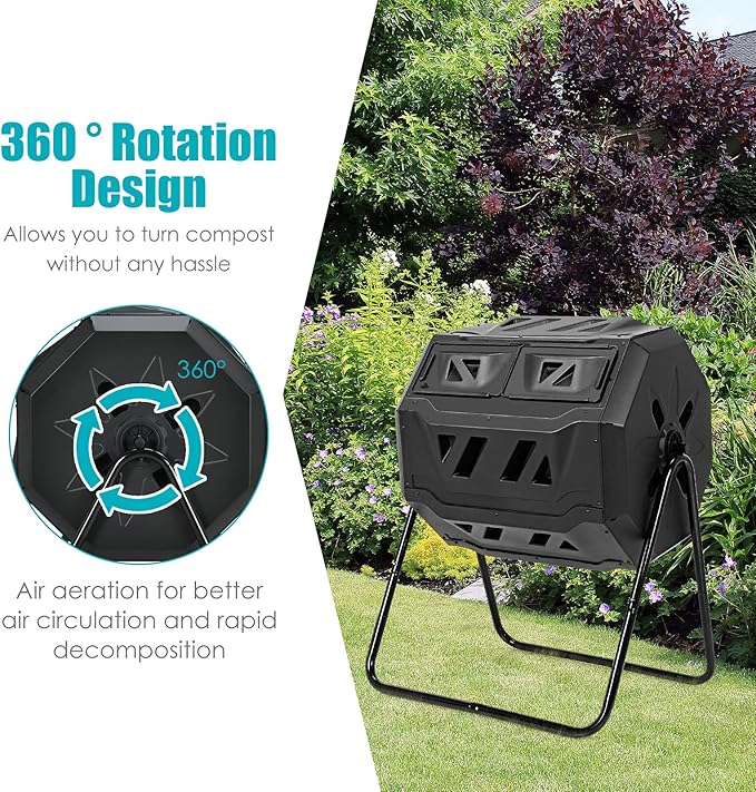 Goplus Compost Tumbler, 43 Gallon Rotating Compost Bin Barrel, Dual Chamber Tumbling Composter with Sliding Door, Gloves, Aeration System for Outdoor, Garden, Yard