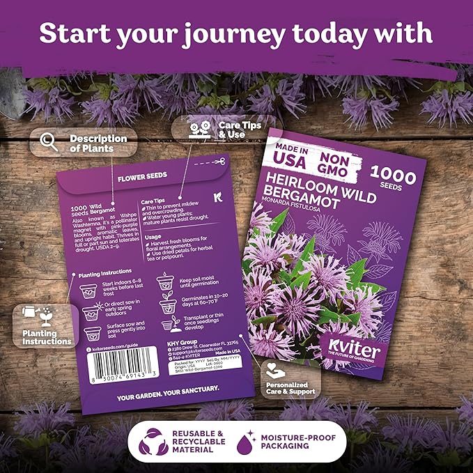 KVITER 1,000 Wild Bergamot Seeds for Planting (Monarda fistulosa) – Bee Balm Native Wildflower, Pollinator Magnet, Organic & Non GMO – Perennial Flower Seeds to Plant Outside in Flower/Herb Garden