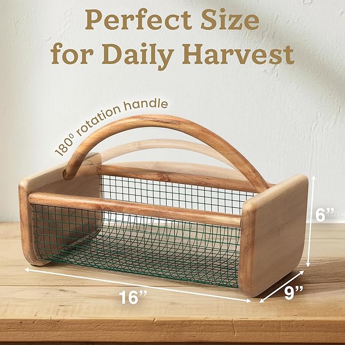 HOMESTEAD Garden Hod Harvest Basket, Durable Acacia Wood Frame with Rotating Handle, Farmhouse Basket for Home Improvement, Gardening, Farm, Kitchen, Indoor Outdoor Use