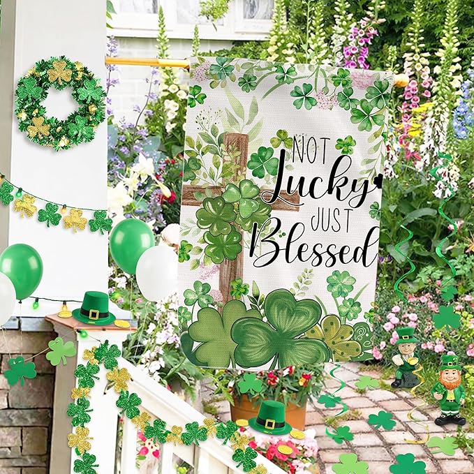 St Patricks Day Flag 28x40 Inch Double Sided Outside, Not Lucky Just Blessed Shamrocks Clovers Cross Burlap Flag Decorations Outdoor Yard Decor