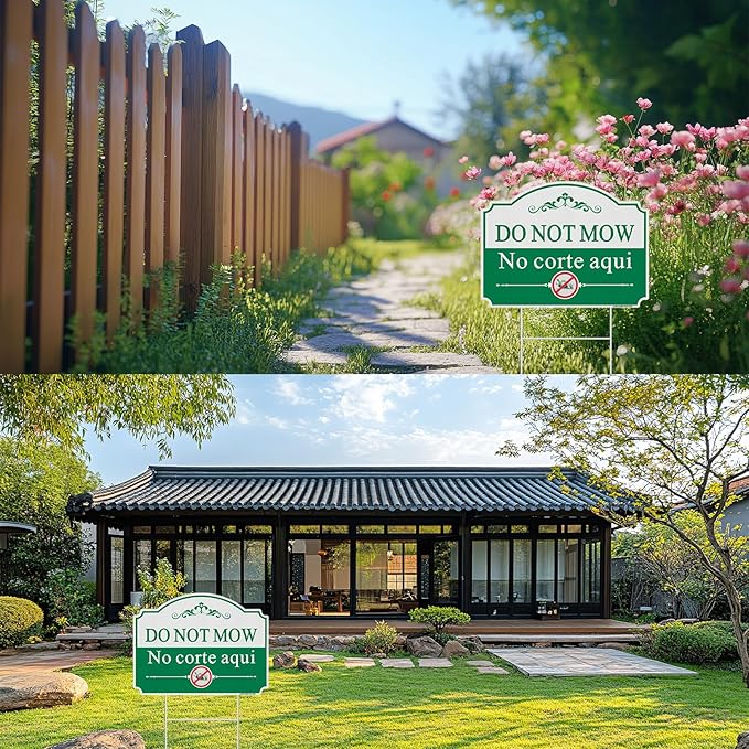 Do Not Mow Yard Sign, Bilingual Plant Garden Sign in English and Spanish, 2 Pack 12.6" x 9.5" No Mowing Outdoor Lawn Sign. Double Sided with Metal Stakes, UV Protected, Weatherproof, Easy to Mount.